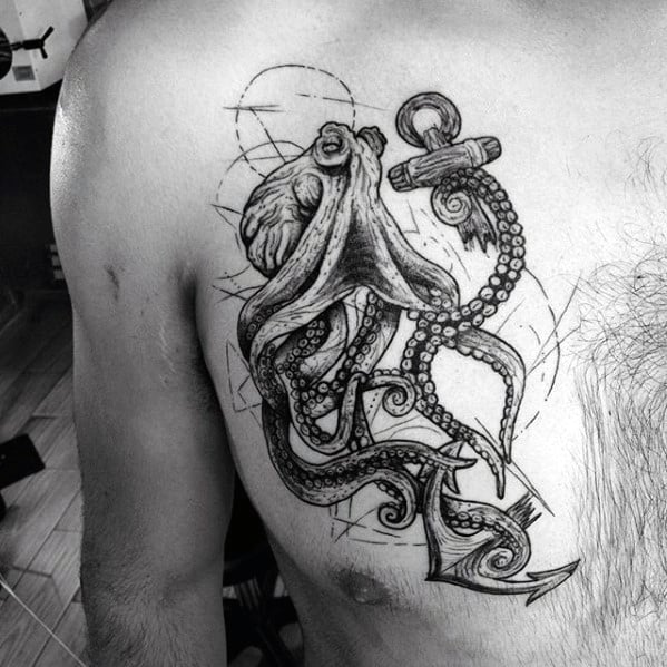 Cool Octopus With Broken Wood Anchor Mens Upper Chest Tattoo