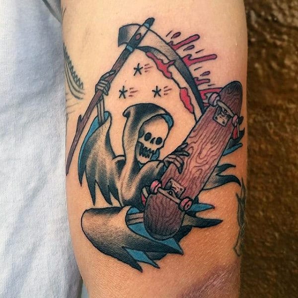 Cool Old School Grim Reaper Riding Skateboard Tattoos For Men