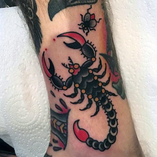Cool Old School Mens Retro Traditional Scorpion Lower Leg Tattoo