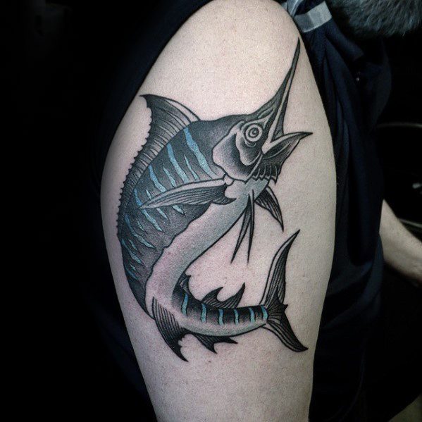 Cool Old School Traditional Fish Arm Male Marlin Tattoo Designs