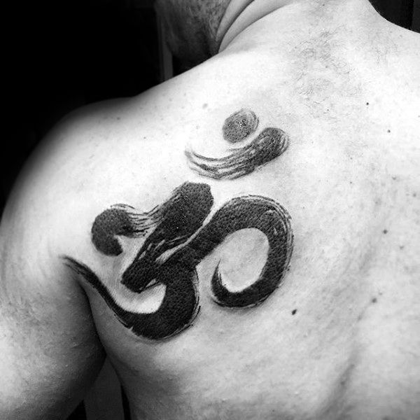 Cool Om Brush Stroke Watercolor Male Back Of Shoulder Tattoo