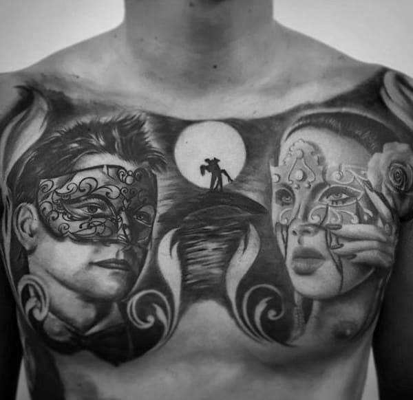 Cool Opera Mask Amazing Mens Chest Tattoos