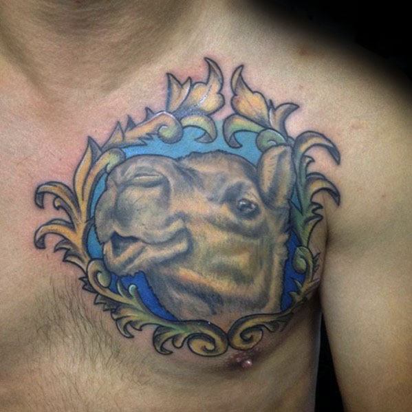 Cool Ornate Frame Camel Head Mens Upp Chest Tattoo