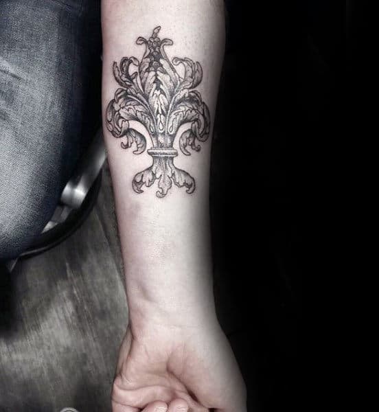 Cool Ornate Male Fleur De Lis Inner Forearm Tattoo Inspiration