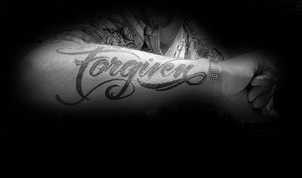 Cool Outer Forearm Black Ink Script Male Forgiven Tattoo