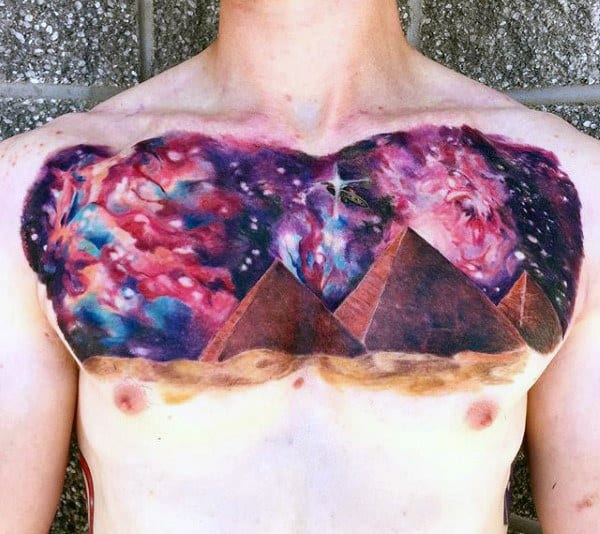 Cool Outer Space Mens Pyramid Chest Tattoo With Watercolor Design