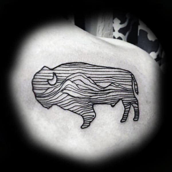 Cool Outline Black Ink Bison Moon Mens Shoulder Tattoo