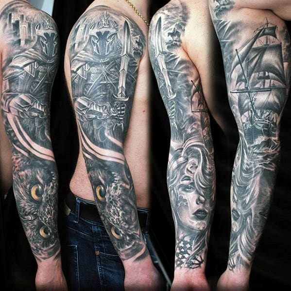 Cool Owl Sailing Ship Shaded Male Sleeve Tattoos