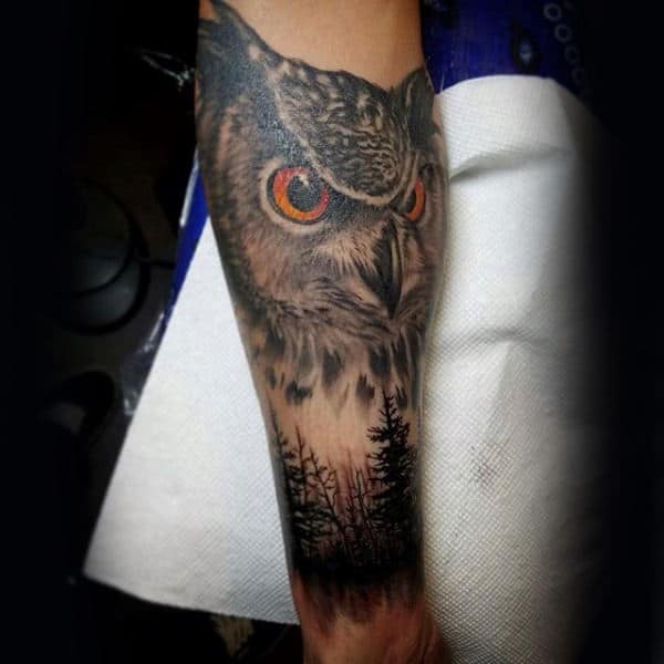 Cool Owl Tree Sleeve Leg Tattoo On Male