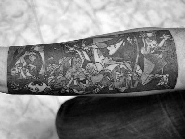 Forearm tattoo of Picasso's Guernica in black and gray, capturing the chaotic and emotional anti-war imagery.