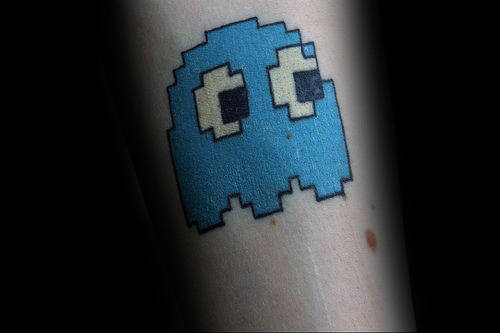 Cool Pacman Blue Ghost Tattoo Design Ideas For Gentlemen On Arm