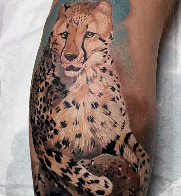 Cool Painted Leopard Mens Leg Tattoo Ideas