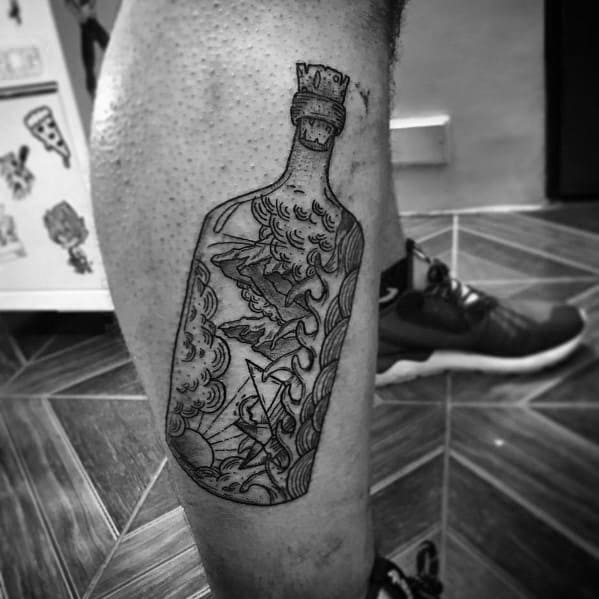 Detailed paper boat tattoo inside a bottle, surrounded by waves and a storm, symbolizing resilience, adventure, and the power of fate.