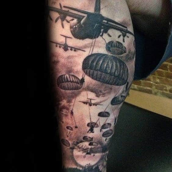 Cool Parachute Army Tatoos For Guys On Leg Sleeve