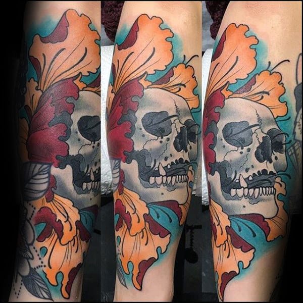 Cool Peony Skull Mens Forearm Tattoo Design Ideas