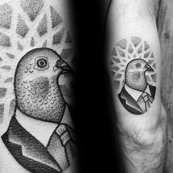 Black and grey pigeon tattoo in a suit with geometric halo backdrop, blending humor and formality in a bold dotwork style.