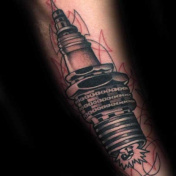 Cool Pin Striped Guys Spark Plug Tattoo