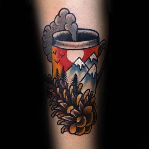 Cool Pine Cone With Coffee Mug And Mountains Mens Old School Forearm Tattoo
