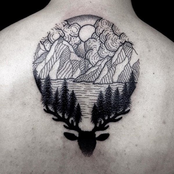 Cool Pine Tree Deer And Mountain Male Upper Back Tattoos