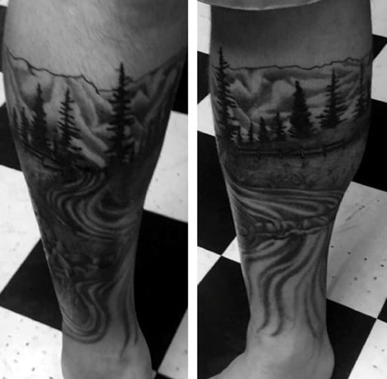 Cool Pine Trees Tattoos For Males On Lower Leg