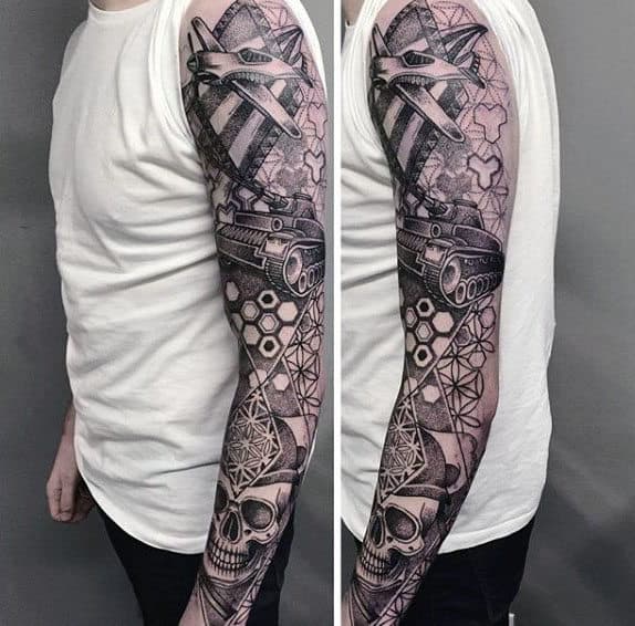 Cool Pointillism Male Sleeve Tattoo Ideas