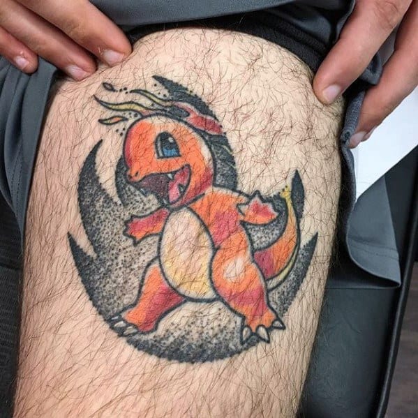 Fierce Charmander tattoo on thigh with a dynamic flame swirl background and textured dotwork shading for added depth.
