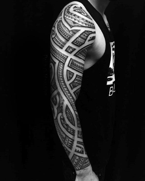 Cool Polynesian Full Arm Sleeve Negative Space Tattoo Design Ideas For Men