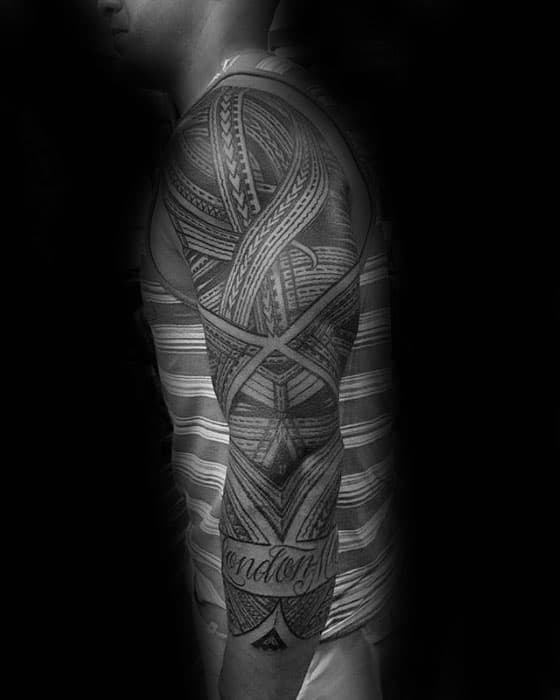 Cool Polynesian Male Tribal Sleeve Tattoo With Black Ink Design
