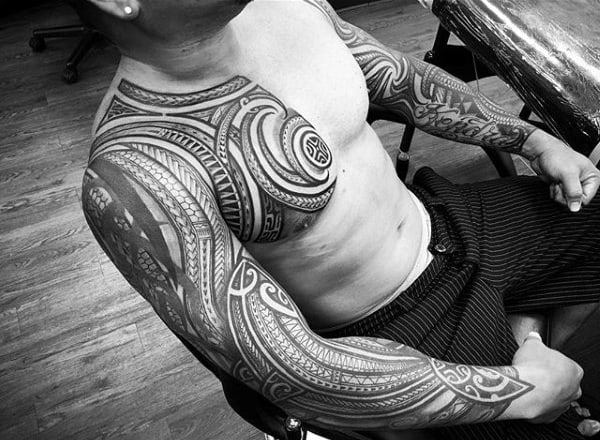 Cool Polynesian Tribal Chest Tattoo Ideas For Gentlemen