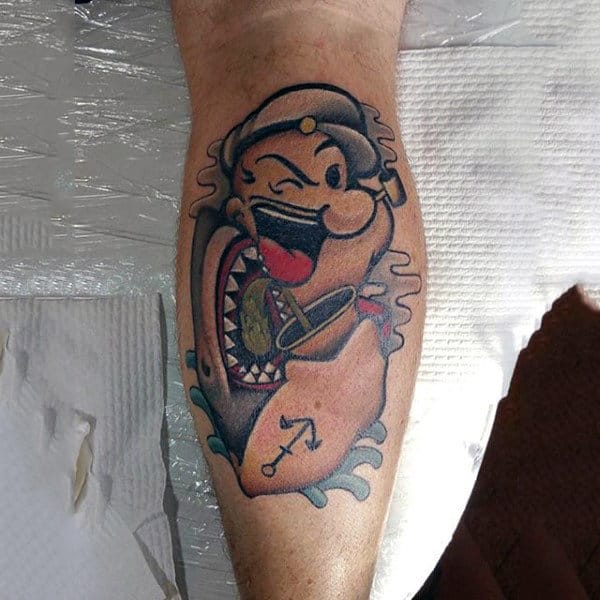 Cool Popeye Shark And Anchor Mens Leg Calf Tattoo