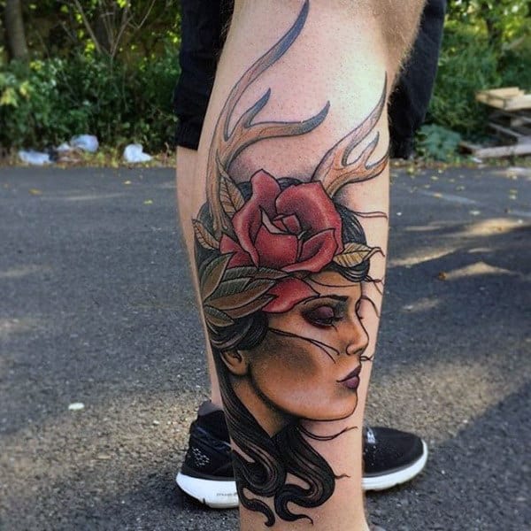 Cool Portrait Antler Leg Tattoo On Man