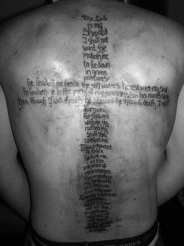 Cool Psalm 23 Quote Cross Design Mens Back Tattoos