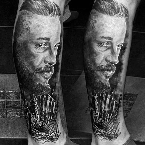Cool Ragnar Vikings Tattoo Design Ideas For Male Leg