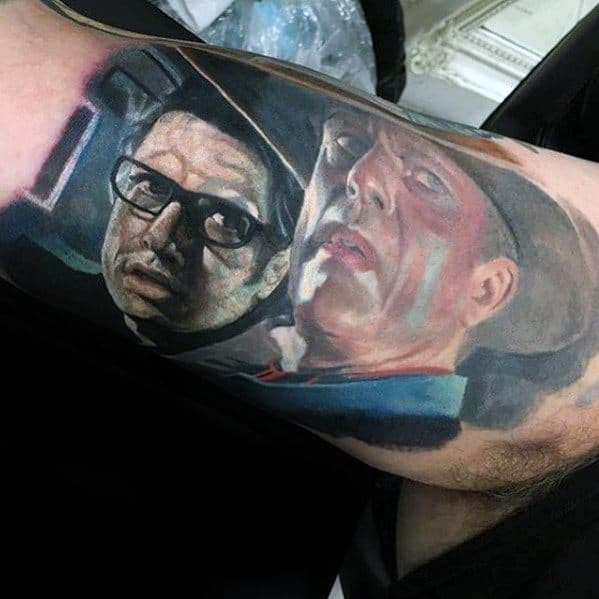 Cool Realistic 3d Inner Arm Bicep Male Jurassic Park Tattoo Designs