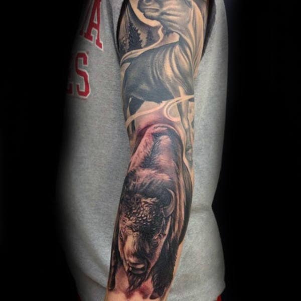 Cool Realistic Mens Full Sleve Bison Tattoos