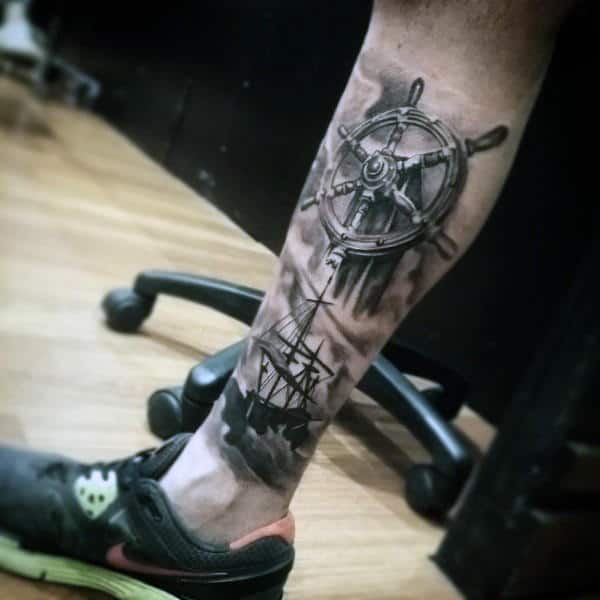 Cool Realistic Mens Ship Wheel Leg Sleeve Tattoos
