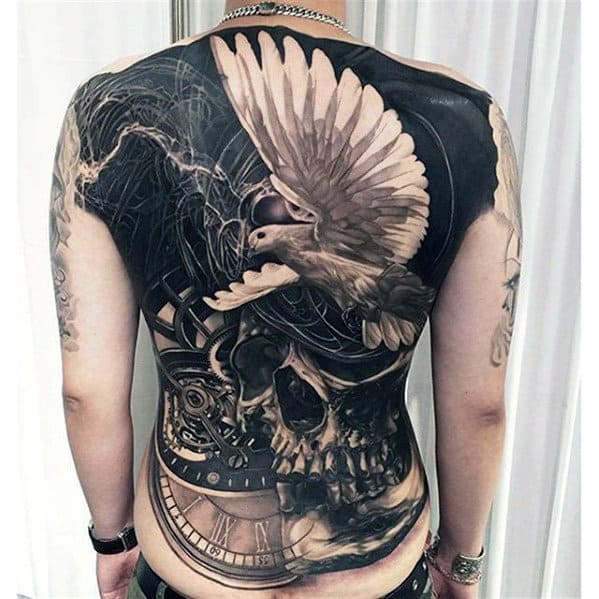 Cool Realistic Skull With Flying White Dove Full Back Tattoo For Men