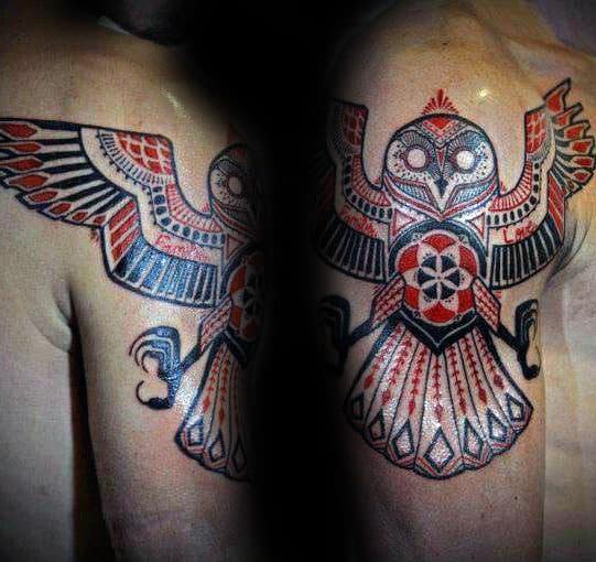 Cool Red And Black Ink Ornate Tribal Owl Guys Arm Tattoo