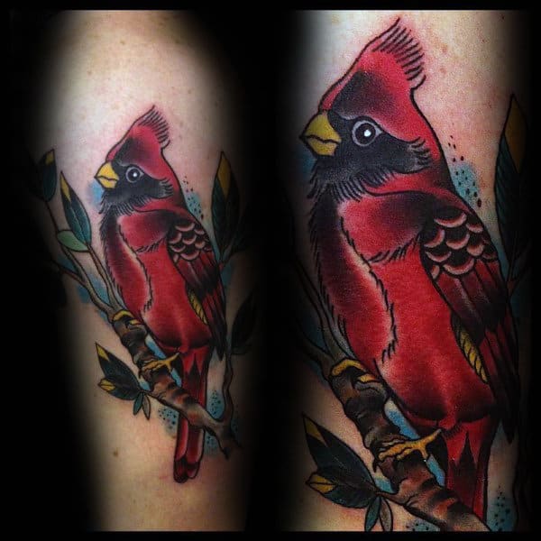 Cool Red Ink Cardinal Bird On Tree Branch Male Tattoo Ideas