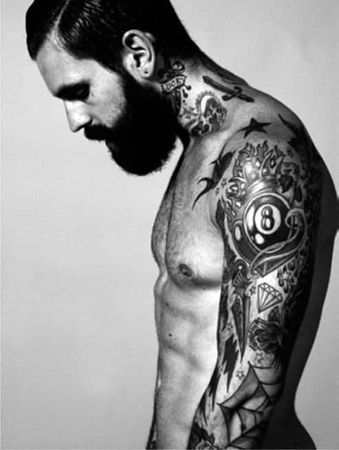 Cool Retro 8 Ball Sleeve Tattoo On Man With Traditional Design