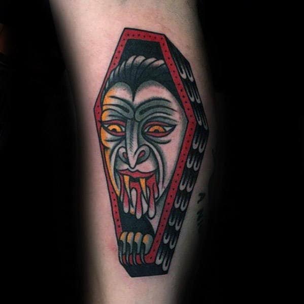 Cool Retro Dracula Coffin Mens Traditional Forearm Tattoo