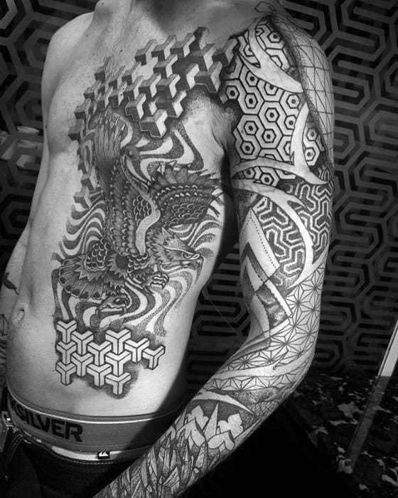 Cool Retro Guys Old School Anchor With Ship Full Chest Tattoo Designs