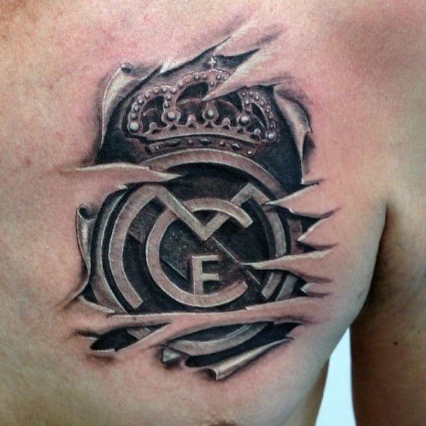 Cool Ripped Skin 3d Upper Chest Real Madrid Tattoo Design Ideas For Male
