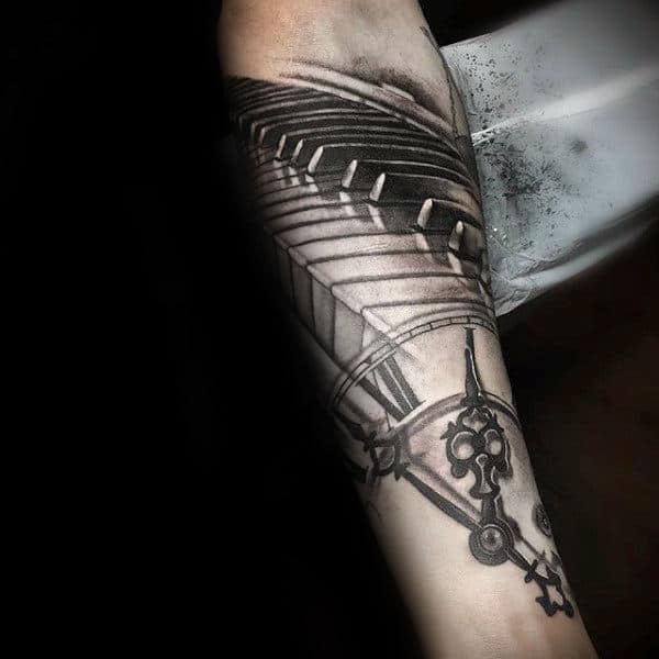 Cool Roman Numeral Clock With Piano Mens Forearm Tattoo Designs