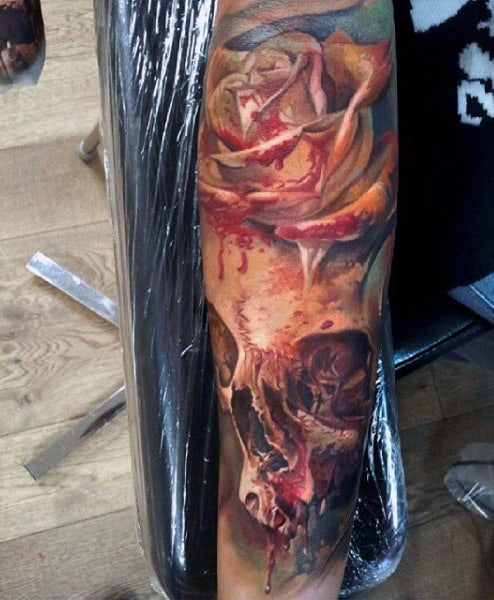 Cool Rose Flower Skull Modern Watercolor Tattoo On Man