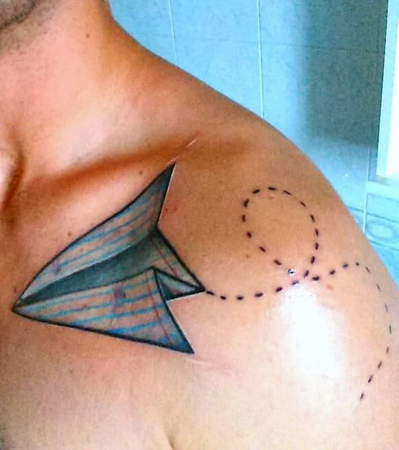 Cool Ruled Paper Airplane Mens Shoulder Tattoo