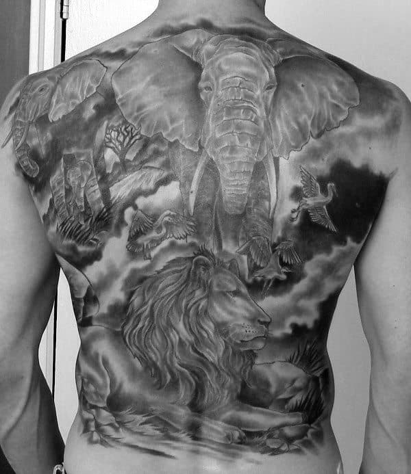 Cool Safari Themed Mens Lion Full Back Tattoo