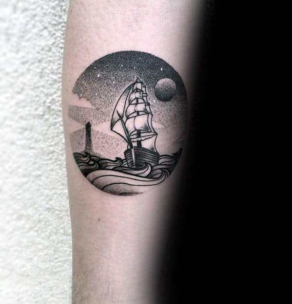 Cool Sailing Ship Night Sky Ocean Mens Small Forearm Tattoo