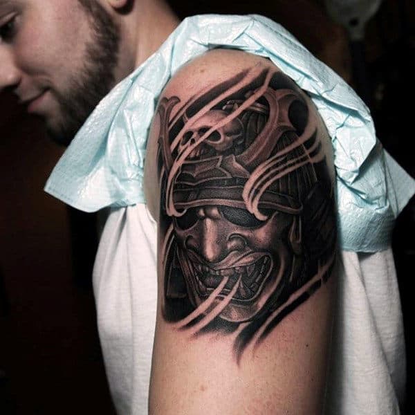 Cool Samurai Helmet With Skull Front Chest Mens Upper Arm Tattoo Ideas