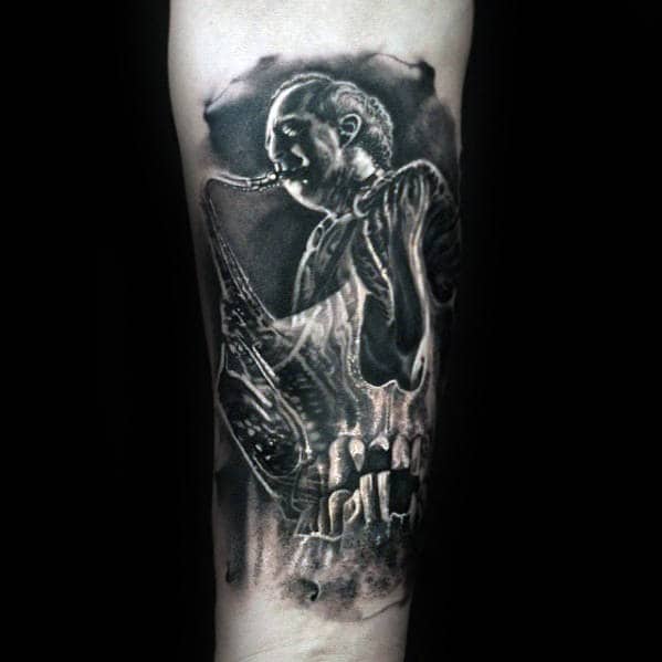 Cool Saxophone Skull Mens Forearm And Wrist Tattoos